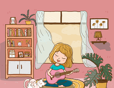 girl palys guitar at home cat cute girl flat vector girl character happiness happy music musician play guitar room