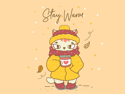 Stay warm autumn cat character design costumes doodle drawing flat vector illustration