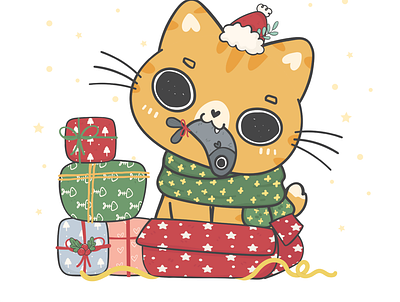 I have a gift for your Christmas cartoon catmas character design christmas doodle drawing flat vector funny cat illustration vector
