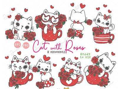 Sweet cat with red roses cartoon cat character design doodle drawing flat vector illustration kawaii cat sweet kitten valentine cat