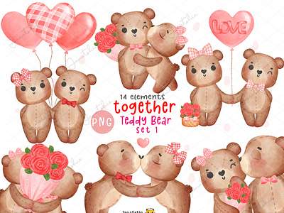 Together teddy bears watercolour bear cartoon character heart balloon illustration love romantic teddy together valentine watercolor watercolour