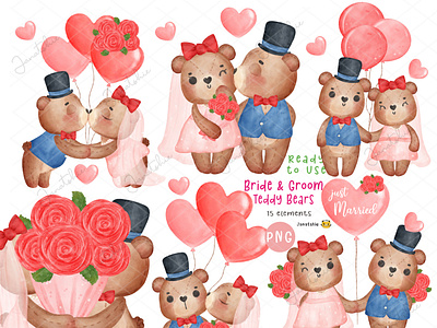 Bride and Groom Teddy Bears watercolour