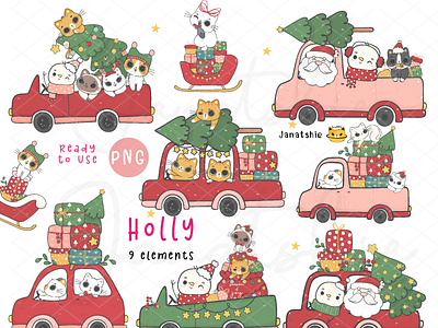 I am driving home for Christmas cats and friends cars character christmas cute cat doodle drawing driving flat vector friends hand drawing kawaii cartoon kawaii cat pine tree