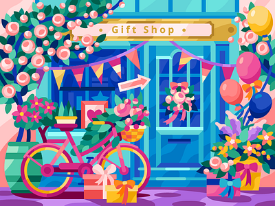 Gift Shop art balloons bicycle bike coloring book flatdesign flowers gallery game illustration gift shop gifts girl illustration shop window spring street summer vector vector illustration window shop