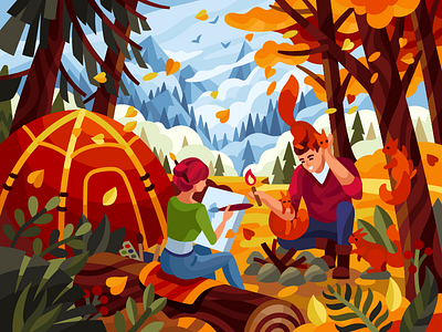 Romantic camping autumn coloring book concept couple date fall forest gallery game illustration gameart illustration mountains ocasion trees vector vector illustration