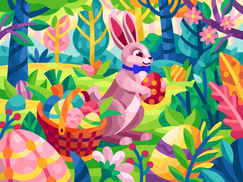 Easter rabbit easter bunny rabbit cartoon characters cartoon easter eggs easter easter rabbit forest spring flatdesign vector game illustration gallery coloring book vector illustration illustration