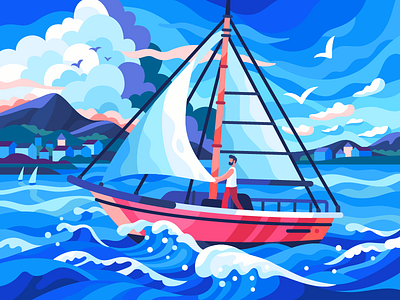 Sail boat boat clouds coloring book dream flat design freshness gallery game illustration illustration sailboat sailor sea seacoast seagulls seaside summer vector vector illustration