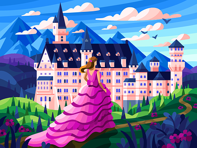 Neuschwanstein Castle castle coloring book flowers gallery game illustration girl gorgeous illustration pink dress princess romantic spring summer vector vector illustration