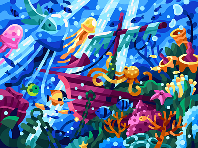 Life under water anchor art coloring book fish gallery game illustration illustration jellyfish ocean life octopus poster sea bottom sea creatures seabed sealife sunken ship underwater vector vector illustration