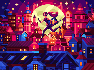 Night lights blue cat woman city colorful illustration coloring book flatdesign game illustration illustration moon night night city purple roofer roofs thief towers vectorart