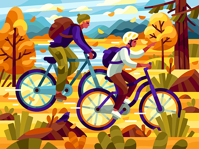 Friends activities autumn autumn park bicycle bike bikers coloring book fall flatdesign forest friends gallerygame park riding together vector vector illustration warm autumn yellow leaves yellow trees
