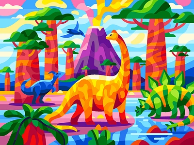 Dinosaurs brontosaurus cartooncharacters dinosaurs evolution flatdesign gallerythegame gameillustration jurassicpark baobabs jurassicworld ndiplodocus paleontology prehistoric pterodactyl stegosaurus vectorart childishillustrations vectorillustration volcano