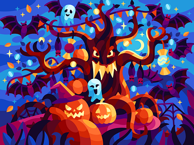 Scary tree 2020 autumn bats beresnevgames candies darkness dreadful eerie funny gallerygame ghostly gost halloween halloween party helloween horrible illustration pumpkins scary scary tree