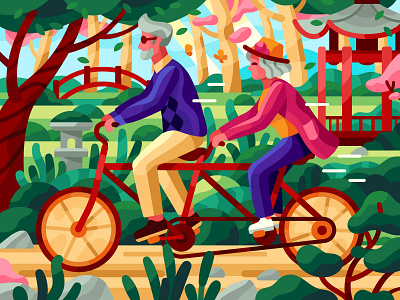 Riding bike together activities bicycle bike chinese coloring book couple elderly gallery game illustration illustration park parks ride sakura spring tandem bike vector vector illustration walk