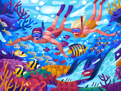 Underwater world colorful coral reefs corals couple diving fish illustration red sea snorkeling underwater world vector illustration