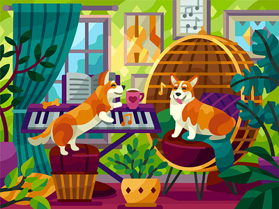 Corgis melody autumn cartoon character coloring book corgi cozy design dogs flatdesign gallery game illustration illustration interior music musicians pets september synthesizer vector vector illustration welsh corgi