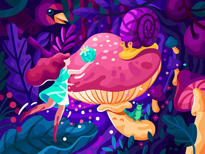 Hello Dribbble! bird debut debutshot design dream elf enchantress fairy fantasyart flatdesign forest girl illustration inspiration magic mushroom purple colors snail vector
