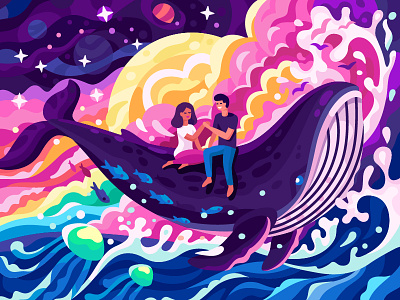 WhaleLove blue whale colorful art coloring book concept couple dream game illustration love ocean planets romantic sea space waves whale