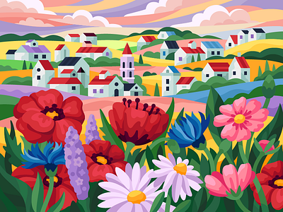 Thriving fields blooming cartoon chamomile city colorful fields flatdesign flowering flowers flowers illustration houses poppies vector illustration village wild