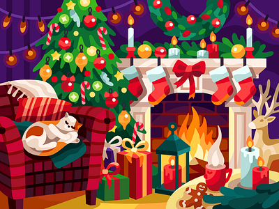 Christmas interior armchair cat chair christmas christmas interior christmas tree coloring book cozy deer fareplace fireplace gallery game illustration gingerbread man interior vector illustration vectorart warm home warm place xmas