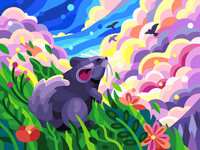 Сhinchilla and freshness animal breathtaking view cartoon chinchilla clouds fairy fairytale fields fluffy tail fresh air gallery grass heavens illusration meadow mouse spring summer vector