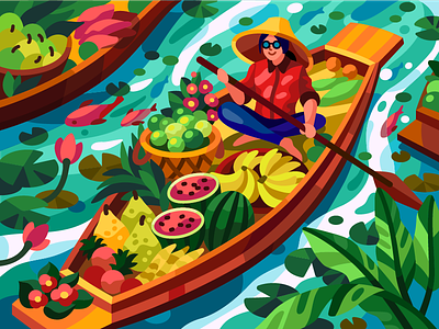 Floating market bananas boat coloring book flatdesign floating market fruits gallery game illustration girl illustration market vector vector illustration watermelon