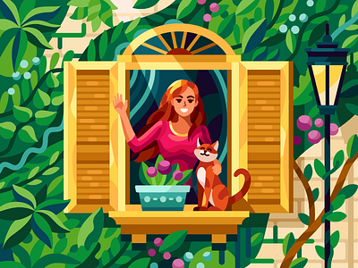 Hello! cat coloring book cute girl flatdesign gallery game illustration girl good morning green wall happines hello hello dribbble hello world hellodribbble illustration plants sunny day vector vector illustration vertical garden