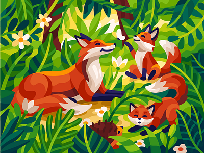Foxes family cartoon characters coloring book cute cute fox flat flatdesign forest fox fox mum foxes gallery game illustration green leaves illustration spring summer vector illustration wood