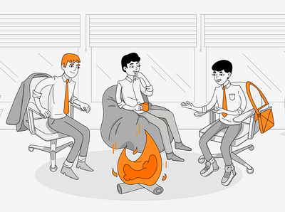 Warm meeting art bonfire character flat illustration office office space vector