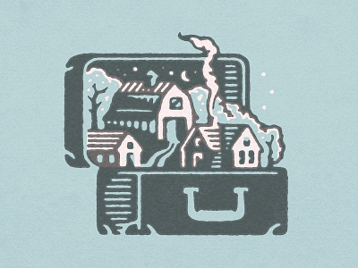 Traveling Farm Illustration chimney etching farm house icon illustration journey luggage retro scene smoke stamp suitcase town travel vintage