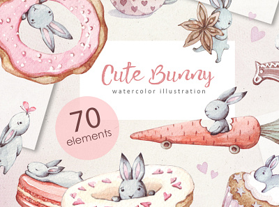 Cute Bunny & Patterns. Watercolor collection. branding bunny cake child design easter fabric graphic hare holiday illustration invitation love pink planner postcard rabbit sweet watercolor wrapping