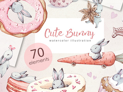 Cute Bunny & Patterns. Watercolor collection. branding bunny cake child design easter fabric graphic hare holiday illustration invitation love pink planner postcard rabbit sweet watercolor wrapping