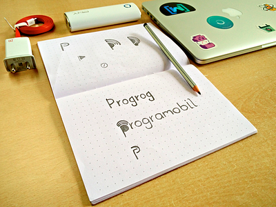 Programobil Sketch brand drawing fun hand identity logo p pencil process sketch type