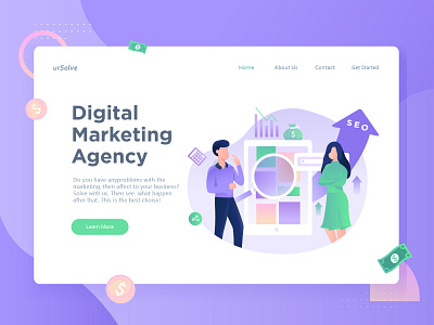 Digital Marketing Header Illustration business characters digital marketing digital marketing agency flat design flat illustration gradient header illustration landing page purple gradient seo ui web design webdesign website