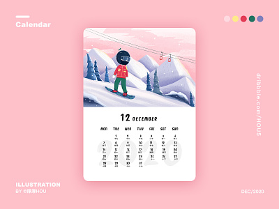 December:ski 2020 art calendar design girl happy illustration ski