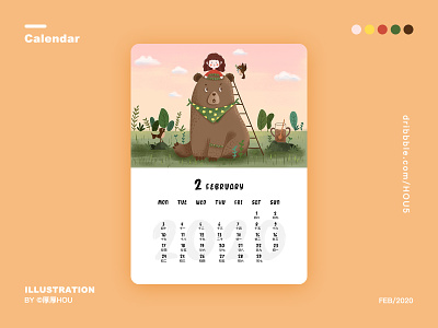 February:Dress you 2020 art bear calendar design forest girl illustration ui wreath
