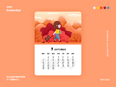 September:Go to school 2020 bear branding calendar design forest girl happy illustration ui ux