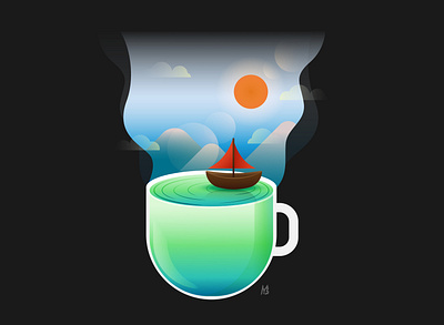 The lake in the coffee cup. adobe background cartoon coffee creative cup design drink flat graphic illustration illustrator lake landscape sky smoke vector wallpapers water