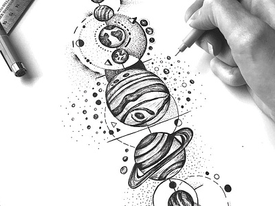 Galaxy Space Illustration of Planets drawn in Ink alignment convergence dotwork drawing far far away galaxy illustration illustration art illustrator mars pen and ink planets saturn solar system space stipple stippling tattoo tattoo art tattoo design