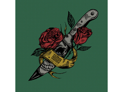 Rose, Knife and Skull Illustration - Lowbrow Retro style custom art design digital art illustration knifes lowbrow lowbrowart monochromatic nostalgic pen and ink retro colors retro design roses skulls sticker design tattoo art tattoo design textures tshirt design