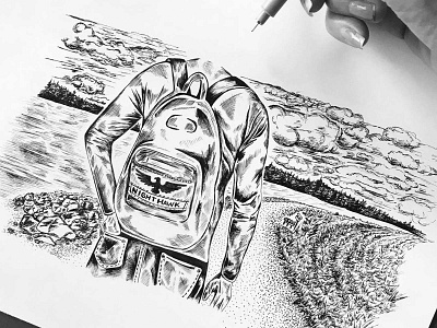 Pen and ink illustration of Backpack Guy black and white detail dotwork draw drawing hand drawn illustraion illustration art illustrator ink drawing inking inktober2020 pen and ink pen art pen drawing sketch