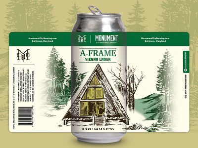 Beer Packaging a frame beer beer label beer packaging branding brewery cabin can art can label craft beer drawing graphic design hand crafted hand drawn illustration label label design packaging design pen and ink woods