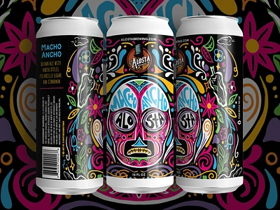 Macho Ancho Wrestling Beer Can Label Design beer bier brewery cerveza colorful custom lettering day of the dead dia de los muertos drawing font hand drawn illustration illustrator label design lettering lucha libre mexican packaging type wrestling