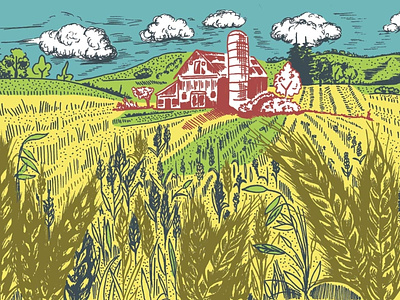 Monochromatic Pen Drawing of Farmhouse and Wheatfield