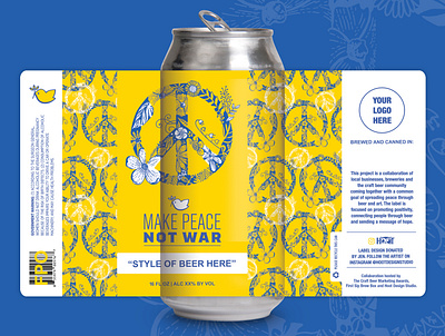 Make Peace Not War Beer Label Global Collab art not war beer beer design beer label brewery craft beer hand drawn illustration illustration art label make peace packaging packaging design peace peace not war peace sign ukraine ukraine fundraiser ukraine support yellow and blue