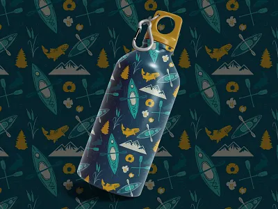 Adventure Surface Pattern adventure bottle brand branding design fishing icons illustration kayak lifestyle mountain outdoors packaging pattern repeat surfacepattern tree trout vector water