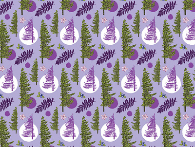 Fun Pine Tree Repeat Pattern in Purple adventure artsy design drawing fern funky graphic illustration pattern pattern design pine trees plants purple repeat pattern retro surface pattern trees vintage wallpaper wrapping paper