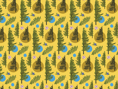 Yellow Dolly Sods Repeat Wilderness Pattern apparel dolly sods fabric hiking hipster illustration nature outdoors pattern pattern design pine tree repeat retro spruce tree surface pattern textile tree vintage wallpaper wild