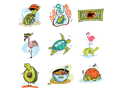 Sea Turtle, Stop Ocean Plastic, and fun cartoon characters
