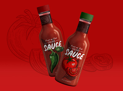 Organic Hot Sauce Label, bottle with illustrations bottle brand branding etching food hand drawn hot sauce illustration jalapeno label label design line art lino natural organic packaging packaging design pen and ink sauce tomato